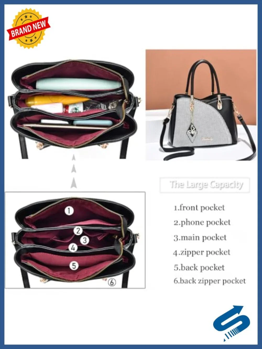 Synthetic Leather Satchel Tote Bag with Gold Hardware, 6 Pockets
